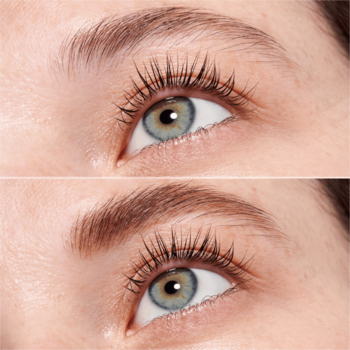 Oko z widocznymi, wydłużonymi rzęsami i precyzyjnie wymodelowanymi brwiami po użyciu kredki Catrice.