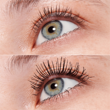 Oko: rzęsy przed (góra) i po aplikacji tuszu Catrice Glam & Doll Endless Lash, z efektem wydłużenia i objętości.