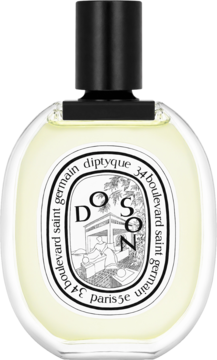 Diptyque Do Son damska woda toaletowa, owalna butelka z żółtym płynem, czarną nakrętką i białą etykietą.