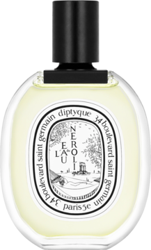Diptyque Neroli perfumy, owalna butelka z czarną nakrętką, biała etykieta z rysunkiem, widok z przodu.