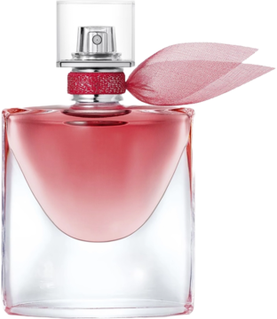 Lancôme La Vie Est Belle Intensement, butelka perfum z różowym płynem, czerwoną opaską i różową kokardą, widok z przodu.