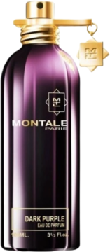 Montale Dark Purple Eau de Parfum w ciemnofioletowej, metalicznej butelce ze złotą nakrętką i zawieszką, widok z przodu.