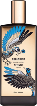 Czarny flakon Memo Paris Argentina Eau de Parfum z etykietą w beżu i grafiką niebieskich ptaków.