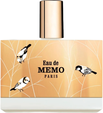 Woda perfumowana Eau de Memo, flakon z motywem złocistych traw i trzech ptaków, widok z przodu.