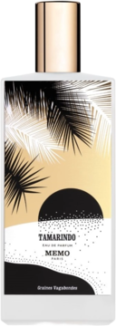 Orientalno-przyprawowe perfumy Memo Tamarindo EDP, biała butelka z tropikalnym wzorem palm i słońca.
