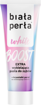 Biała Perła White Boost wybielająca pasta do zębów w białej tubce z kolorowym gradientem, widok z przodu.