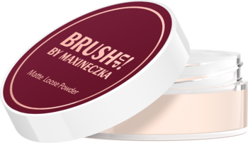 Sypki puder matujący Brush Up! by Maxineczka, beżowy, w otwartym, okrągłym słoiku z bordową nakrętką.
