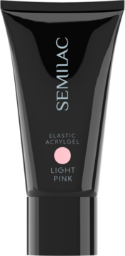 Semilac Elastic Acryl Gel Light Pink w czarnej tubce. Widok z przodu, różowy punkt koloru.