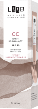 LAAB CC krem korygujący SPF 50, odcień 01 Light. Białe opakowanie z falistym wzorem, widok z przodu.