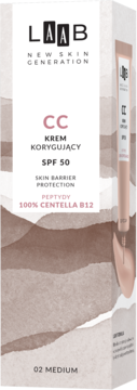 Krem LAAB CC Korygujący SPF 50 02 Medium, białe pudełko z brązowymi falami i ilustracją tubki.