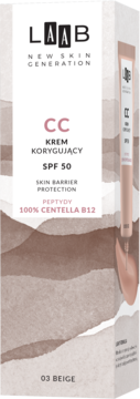 Krem koloryzujący LAAB CC SPF 50 03 BEIGE w białym pudełku z brązowymi falami, widok z przodu z tubką.