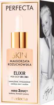 Perfecta Skin Elixir pod oczy 30+/40+ z kofeiną i fermentem ryżowym, w białym pudełku, widok pod kątem.