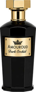 Perfumy Amouroud Dark Orchid: czarna butelka EDP ze złotym korkiem, etykietą i królewskim herbem, widok z przodu.