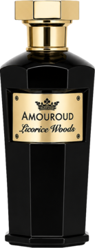Amouroud Licorice Woods perfumy w czarnej, fasetowanej butelce ze złotym wieczkiem i etykietą, widok z przodu.