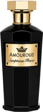 Amouroud Sumptuous Flower perfumy: czarna, fasetowana butelka ze złotym korkiem i metalową etykietą z koroną.