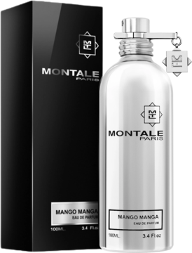Montale Mango Manga, orzeźwiająca woda perfumowana w srebrnej butelce i czarnym pudełku, widok z przodu.