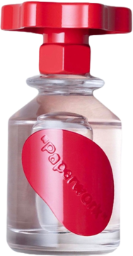 Woda perfumowana Off-White Solution No.3 w przezroczystej butelce z czerwonym korkiem i etykietą, widok z przodu.