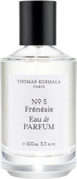 Flakon perfum Thomas Kosmala No. 5 Frenesie EDP 100ml, przezroczysty z czarną nakrętką, widok z przodu.