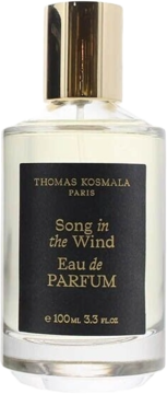 Thomas Kosmala Paris Song in the Wind Eau de Parfum w przezroczystej butelce z czarną etykietą i złotą nakrętką, widok z przodu.
