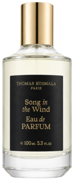 Thomas Kosmala Song in the Wind Eau de Parfum, butelka 100ml z czarną etykietą i złotą zakrętką, widok z przodu.