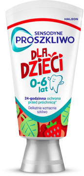 Biała tuba pasty Sensodyne Proszkliwo dla dzieci 0-6 lat, z truskawkami, ochrona szkliwa, widok z przodu.
