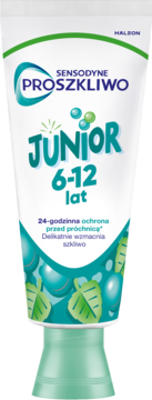 Pasta Sensodyne Proszkliwo Junior 6-12 lat, biała tubka z zielonymi detalami, widok z przodu, wzmacnia szkliwo.
