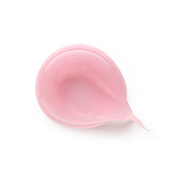 Zbliżenie na różową, lśniącą kroplę odżywczej maski do ust Lip Lovin' z masłem shea na białym tle.