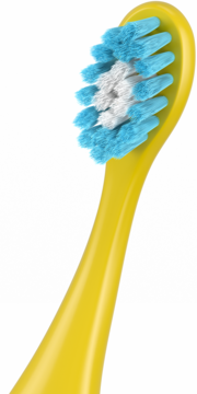 Zbliżenie na żółtą główkę szczoteczki Colgate dla dzieci z bardzo miękkimi, biało-niebieskimi włóknami.