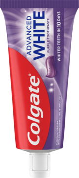 Pionowa tubka Colgate Advanced White Purple toothpaste, z purpurowym żelem i napisem "Whiter Teeth in 10 Days".