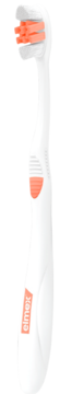 Elmex Expert Precision szczoteczka medium, biała z pomarańczowymi włóknami i logo, idealna do aparatów ortodontycznych, widok z boku.
