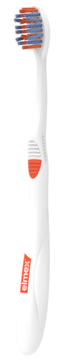 Elmex Ortho Interdental szczoteczka, biała z czerwonym logiem i niebieskimi włóknami, widok z boku.