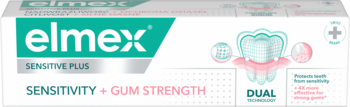 Opakowanie pasty Elmex Sensitive Plus, biało-zielone, z napisem SENSITIVITY + GUM STRENGTH i grafiką zębów.