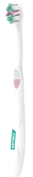 Elmex Expert Precision toothbrush for sensitive teeth, white handle, pink/green bristles, side view.