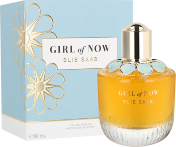Elie Saab Girl of Now 90ml EDP, bursztynowa butelka z turkusowym zdobieniem, błękitne pudełko ze złotymi kwiatami.