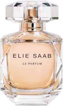 Perfumy Elie Saab Le Parfum w szklanej, fasetowanej butelce z jasnym płynem i złotym atomizerem, widok z przodu.