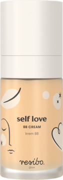 Resibo Self Love Light Beige BB krem w beżowej butelce, z minimalistycznymi ilustracjami liścia i twarzy, widok przód.