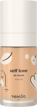 Resibo Self Love BB Cream Natural Beige, lekki krem BB w beżowej butelce z grafikami, widok z przodu.