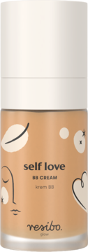 Resibo Self Love BB Cream Sunny Beige, beżowa butelka z grafikami, z przodu napis self love.