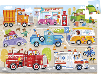 CzuCzu Moto puzzle Auta 40 elementów: kolorowa scena z wozem strażackim, karetką, lawetą i innymi autami.