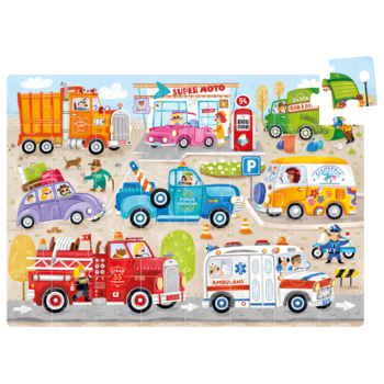 Moto puzzle CzuCzu Auta: kolorowa scena uliczna z wieloma pojazdami – straż, karetka, śmieciarka, laweta, bus.