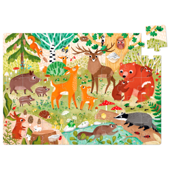 Edukacyjne puzzle "Dzikie puzzle - Las" z barwną ilustracją leśnych zwierząt i roślin, widok na całość.