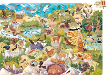 CzuCzu Dzikie puzzle Parki Narodowe, kolorowa edukacyjna mapa ekosystemów z różnorodnymi zwierzętami i roślinami.