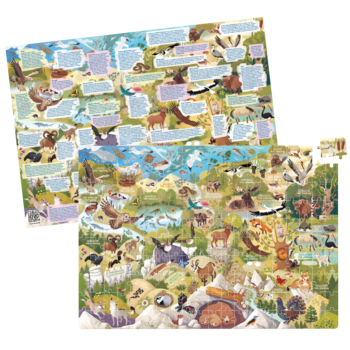 Dzikie puzzle Parki Narodowe CzuCzu, 200 elementów. Ilustrowana układanka z polskimi zwierzętami i roślinami, widok z góry.