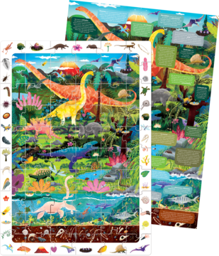 CzuCzu puzzle obserwacyjne Dinozaury, kolorowa ilustracja z wieloma prehistorycznymi zwierzętami i elementami do odnalezienia.