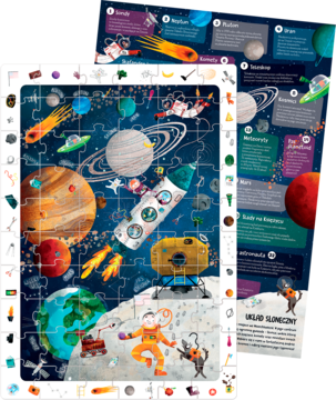 CzuCzu puzzle Kosmos, widok na częściowo złożoną układankę z rakietą, planetami i posterem edukacyjnym.
