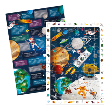 Puzzle CzuCzu Kosmos 60 el. z układem słonecznym, rakietą, astronautą oraz plakat edukacyjny. Widok z góry.