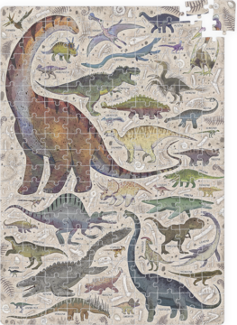 Puzzle Puzzlove Dinozaury CzuCzu, złożone, z barwną ilustracją dinozaurów i gadów prehistorycznych na tle kości.