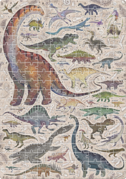 Puzzle Puzzlove Dinozaury CzuCzu: barwna ilustracja wielu dinozaurów i prehistorycznych gadów na tle skamieniałości.