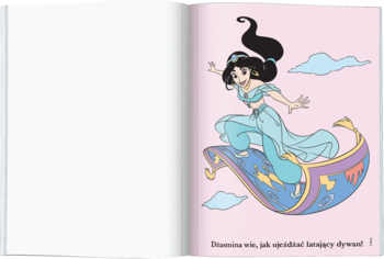 Wodna kolorowanka dla dzieci, otwarta na stronie z księżniczką Jasmine na magicznym dywanie, lewa strona pusta.