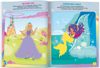 Otwarta książka Brokatowe ubieranki Barbie z zadaniami; lewa strona z księżniczką, prawa z syrenką.